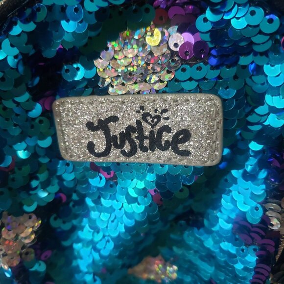 Justice Girls Mini Backpack Blue Purple Silver Color Change Sequin White Pom - Picture 2 of 13